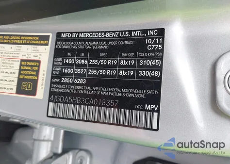 2012 Mercedes-Benz Ml 350 4Matic from USA, damaged, VIN 4JGDA5HB3CA018357